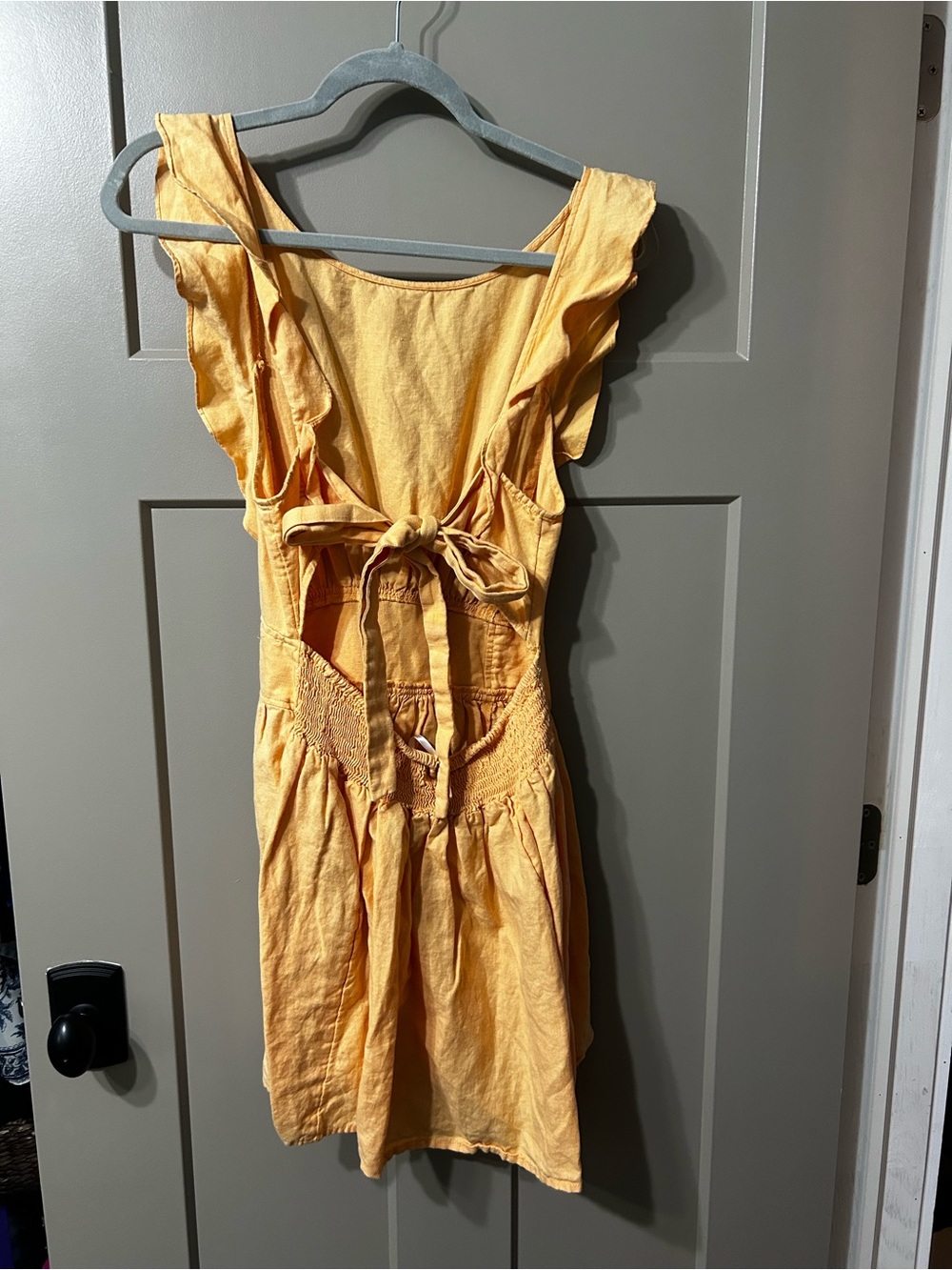 Free People peach Yellow Smocked Dress Top Ruffle sleeve Cotton Linen blend - Picture 3 of 6